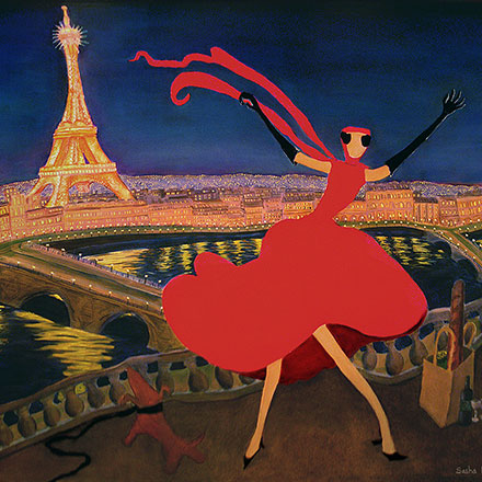 woman in red with Eiffel Tower in background