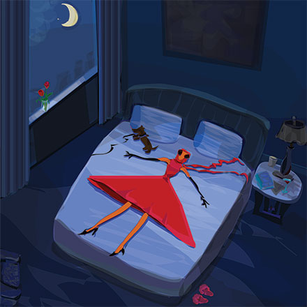 woman in red laying flattened on bed at night