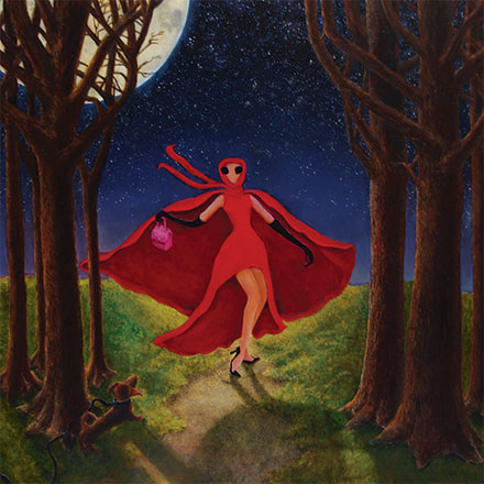 Woman with red cape walking through woods on a moonlit night with stars
