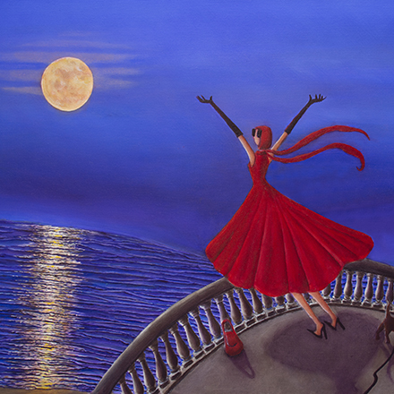 Woman in red dress looking at moon rising from the ocean