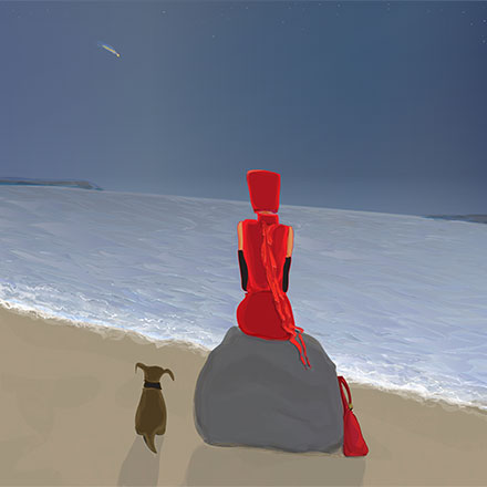 woman in red sitting by the beach