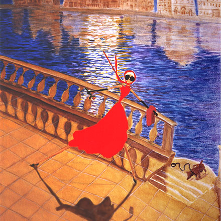 woman in red dress in Venice under moonlight