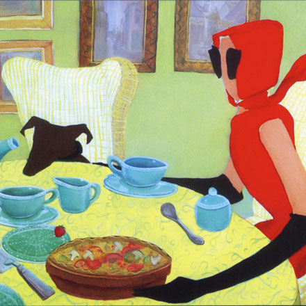 woman in red dress sitting at table with pet dog