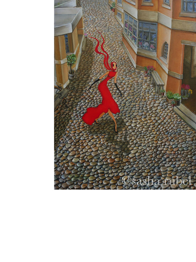 woman in red dress walking down cobblestone street