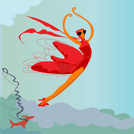 woman in red dress jumping into the wind