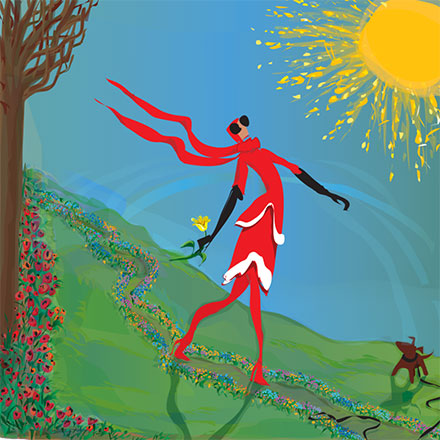 woman in red dress and large sunglasses strolling on a hillside