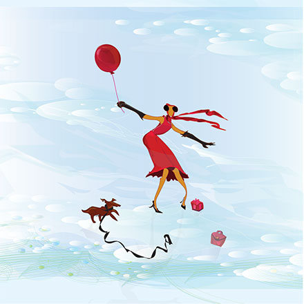 woman in red holding balloon on windy day