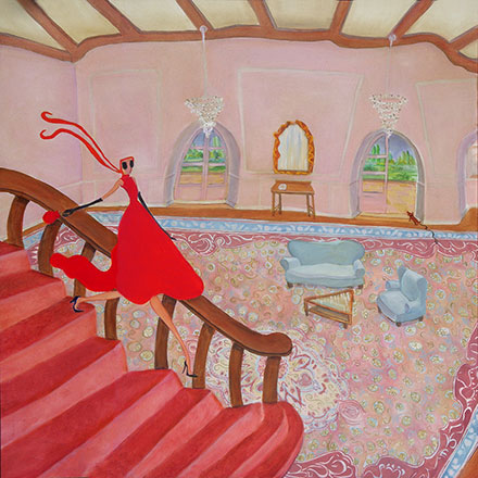 woman in red dress descending staircase pink rug walls
