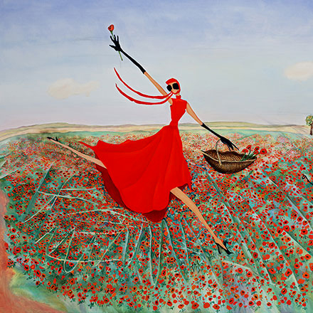 woman in red dess jumping in field of red poppies