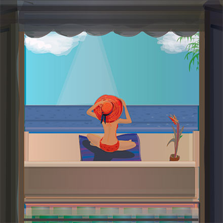 woman in red hat in paradise by water
