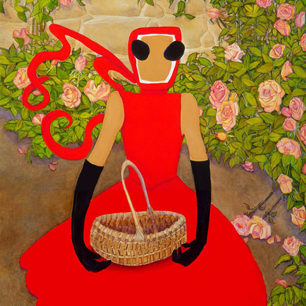 woman in red dress holding a woven basket
