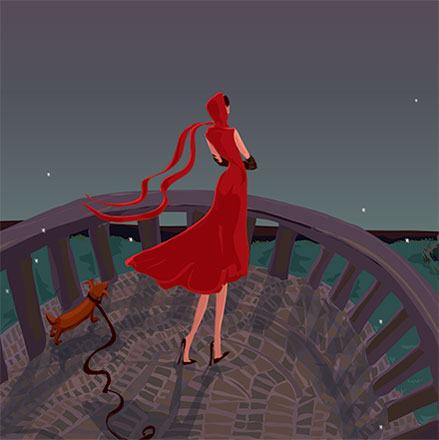 woman in red gazing at night sky