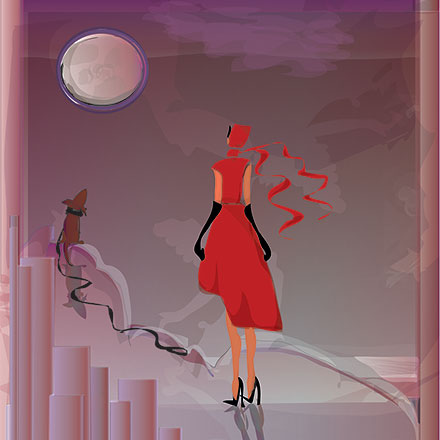 Woman in red dress facing moon her dog at her side