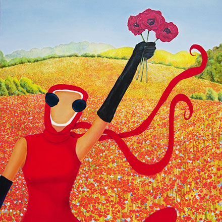 woman in red holding 3 poppies