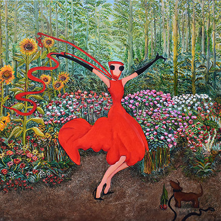 woman in red dress dancing in a garden full of flowers