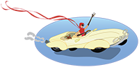 woman with long red scarf driving a yellow convertible