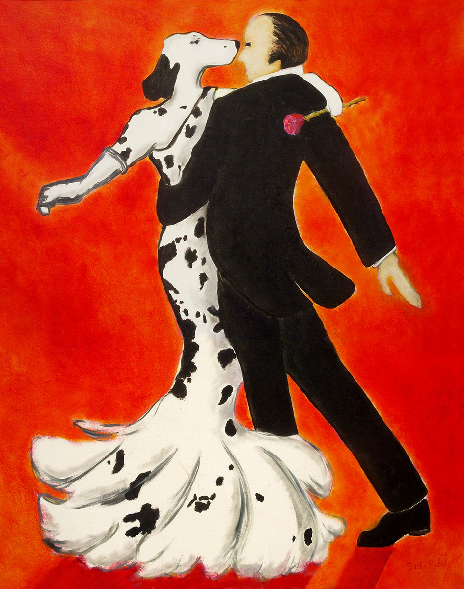 Dalmatian in a ballgown dancing with man in black