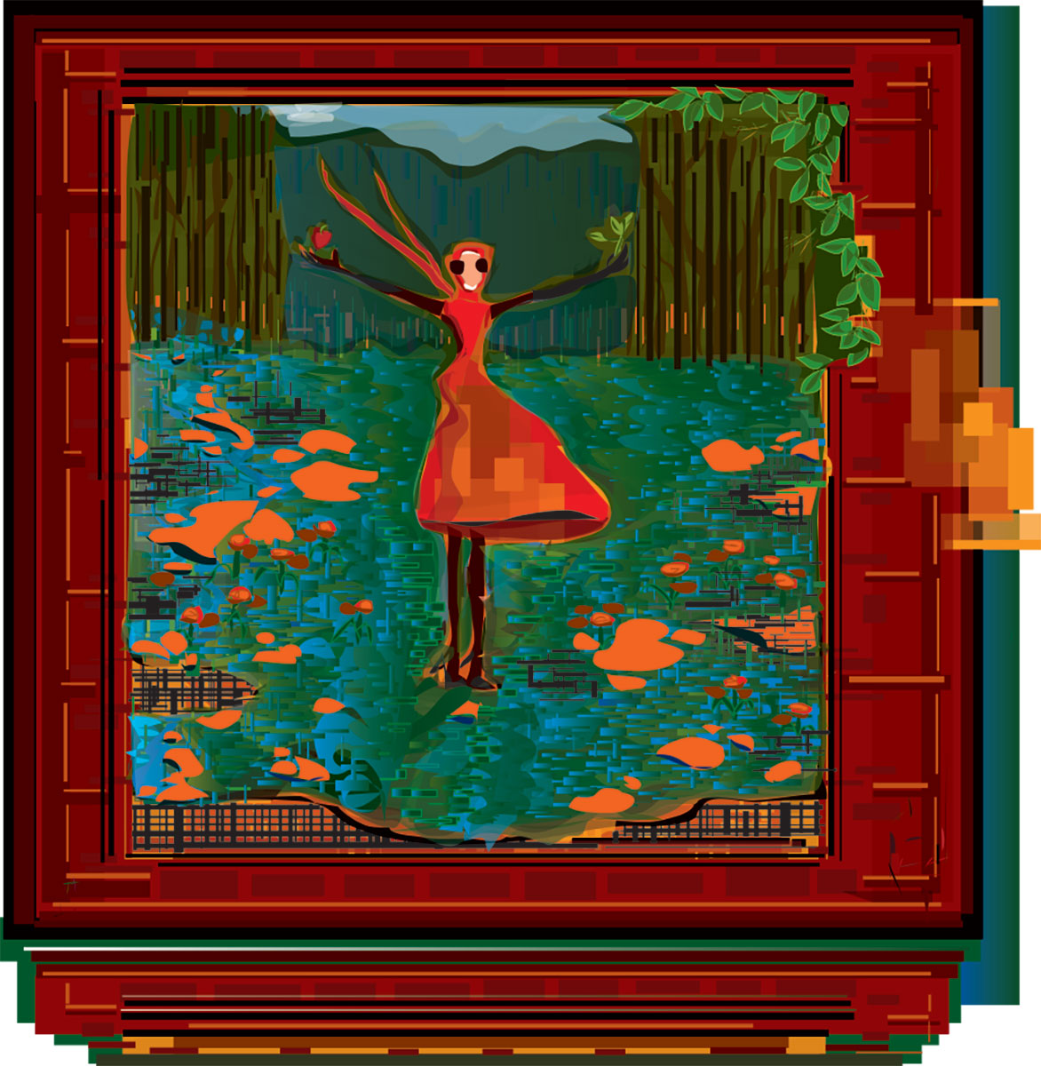 woman in red dress standing in meaow filled with flowers
