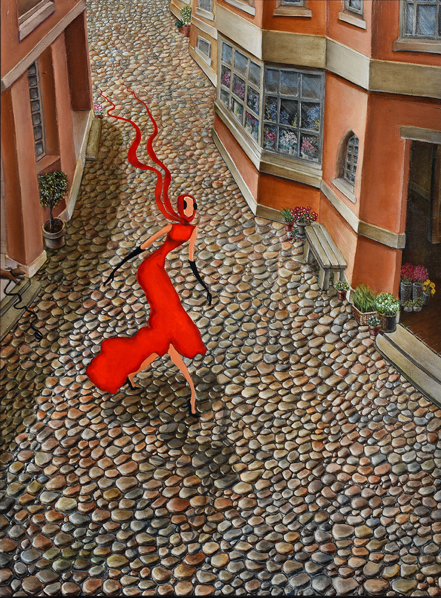 woman in red dress walking down cobblestone street