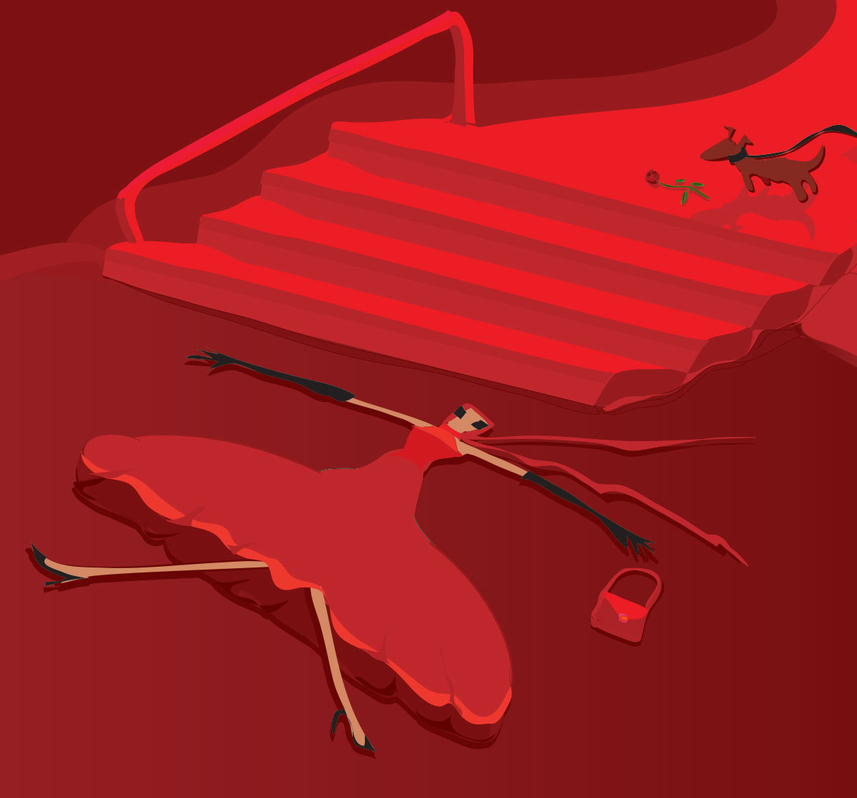 woman in red dress flattened on red carpet