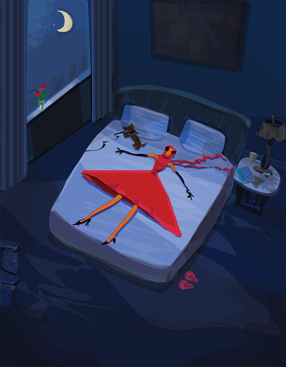 woman in red laying flattened on bed at night