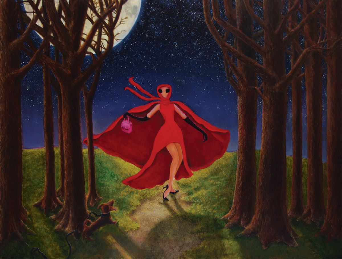 Woman with red cape walking through woods on a moonlit night with stars