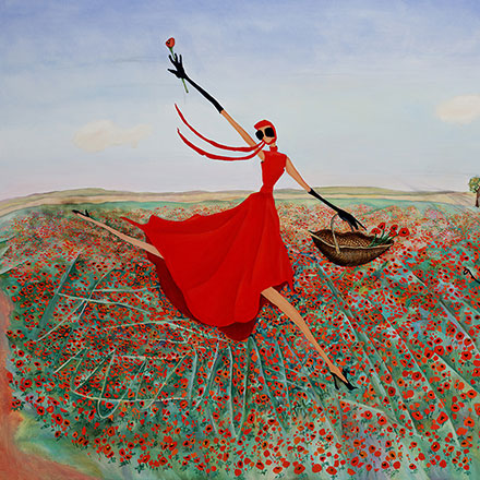 woman in red dress jumping in foeld of red poppies