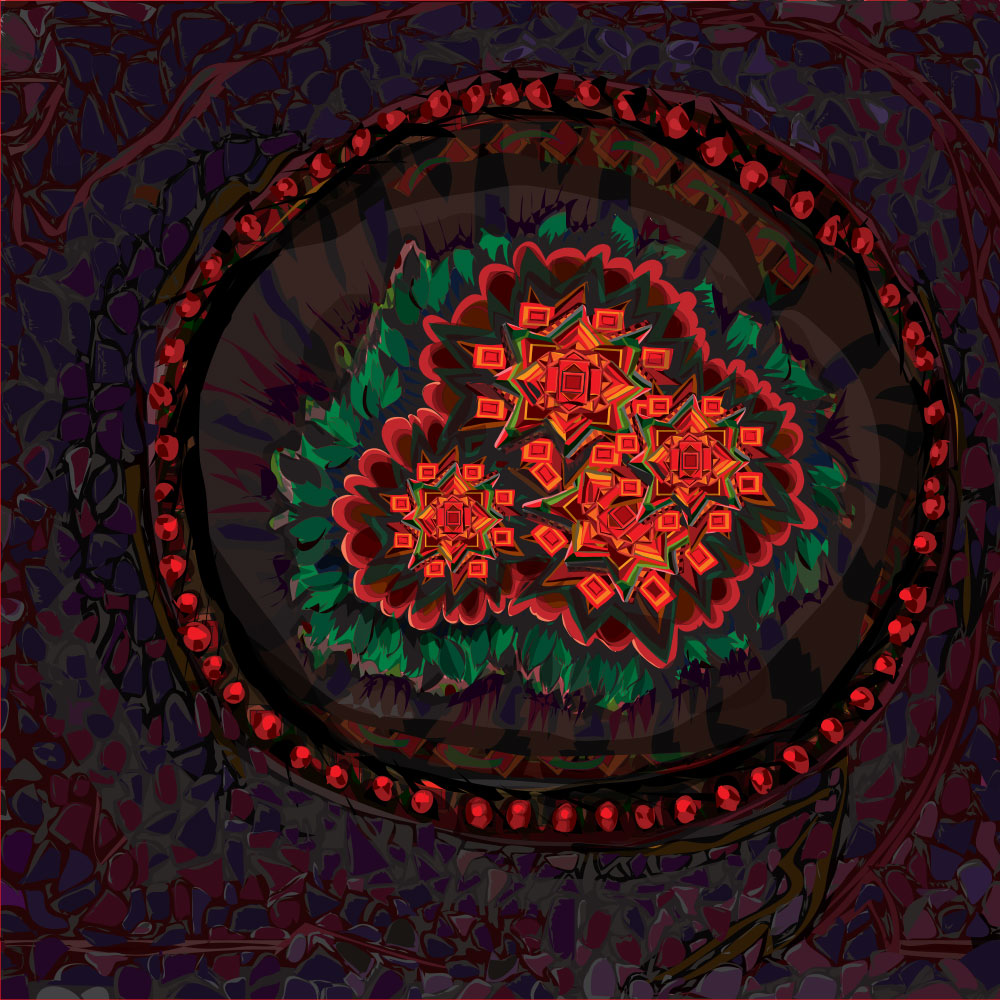 Mandala-like shape with orange flowers like hot coals surrounded with green amid glowing red pips