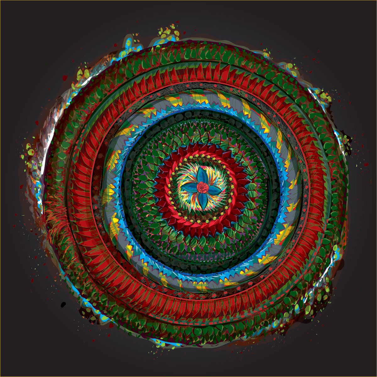 evergreen and red mandala with dynamic elements